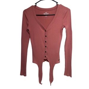 Hollister Womens Size XS Ribbed Button Front-Tie Long Sleeve Top Salmon Rose